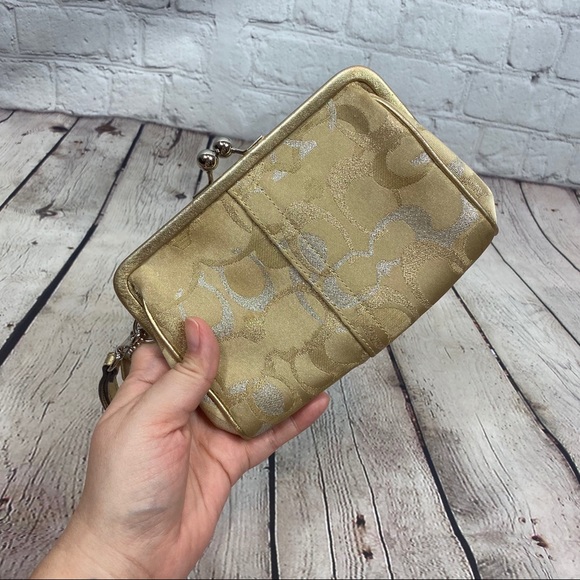 COACH Lurex Signature Gold Kisslock Wristlet - Picture 3 of 6